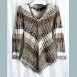 Women's knit sweater. Light brown gray white stripes. Multicolor. Size S small